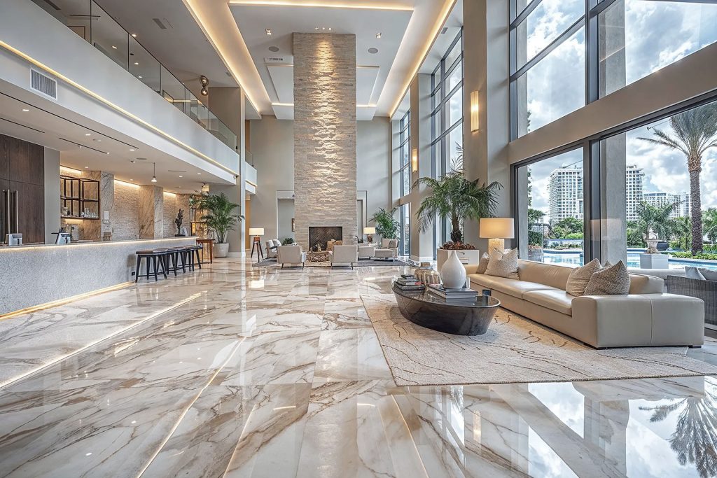 Spacious, modern hotel lobby with marble floors, large windows, neutral-toned sofas, a central coffee table, palm plants, and an elegant stone fireplace. Outdoor pool and city buildings visible through the glass.