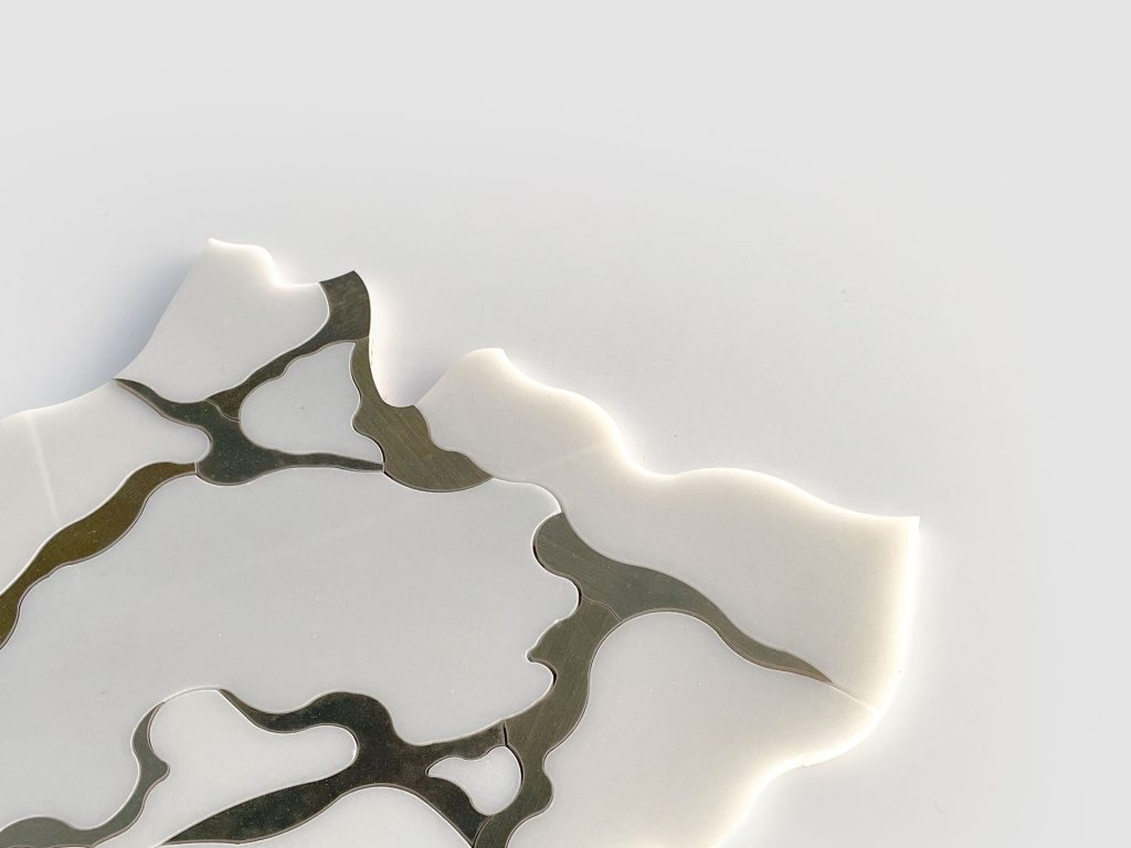 A translucent, irregularly shaped sheet with metallic, organic patterns lies on a white surface, with gentle light creating a soft glow at the edges.