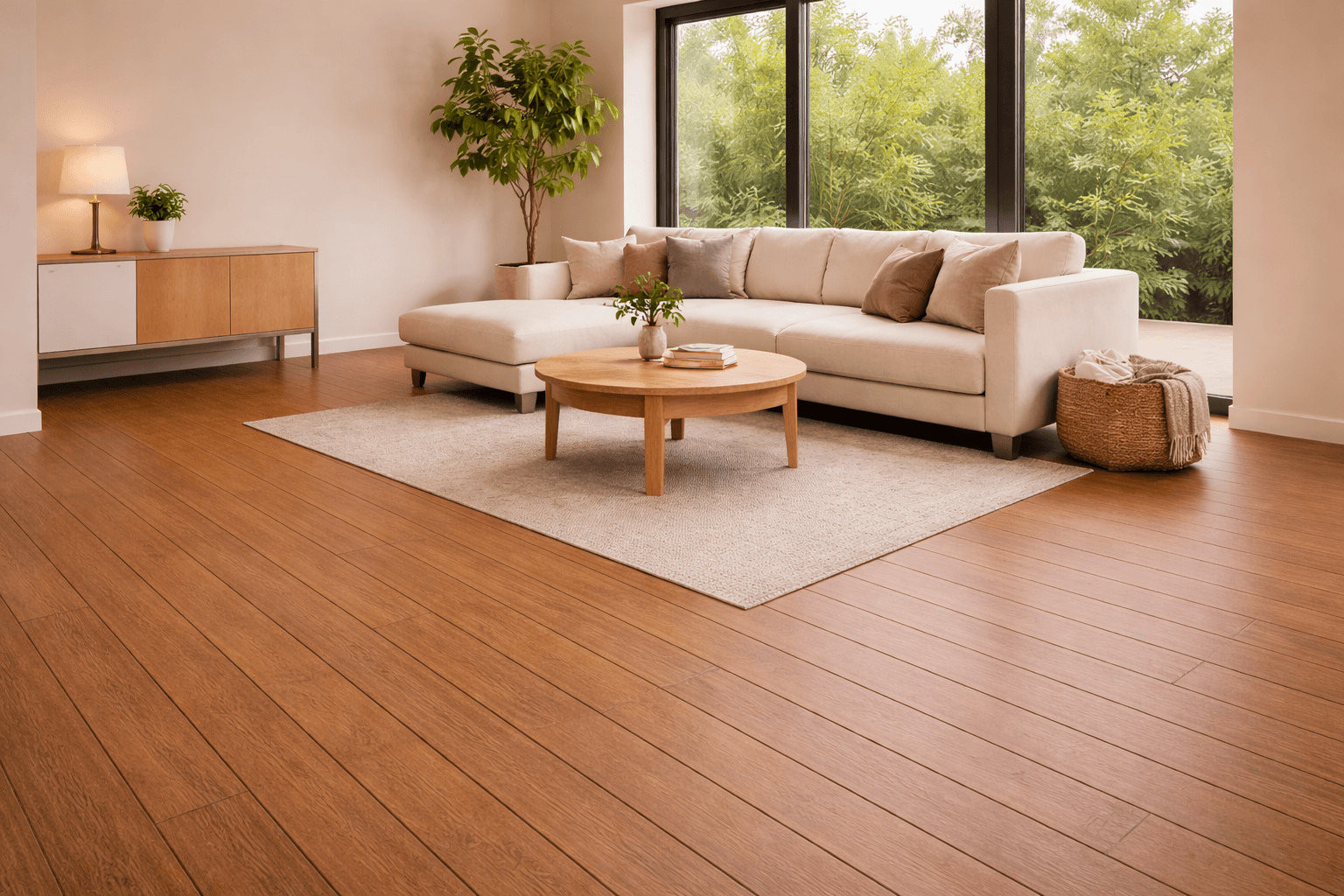 A modern living room with wood flooring, a beige sectional sofa, a round wooden coffee table on a light rug, a potted plant, a sideboard with a lamp, and large windows overlooking greenery.