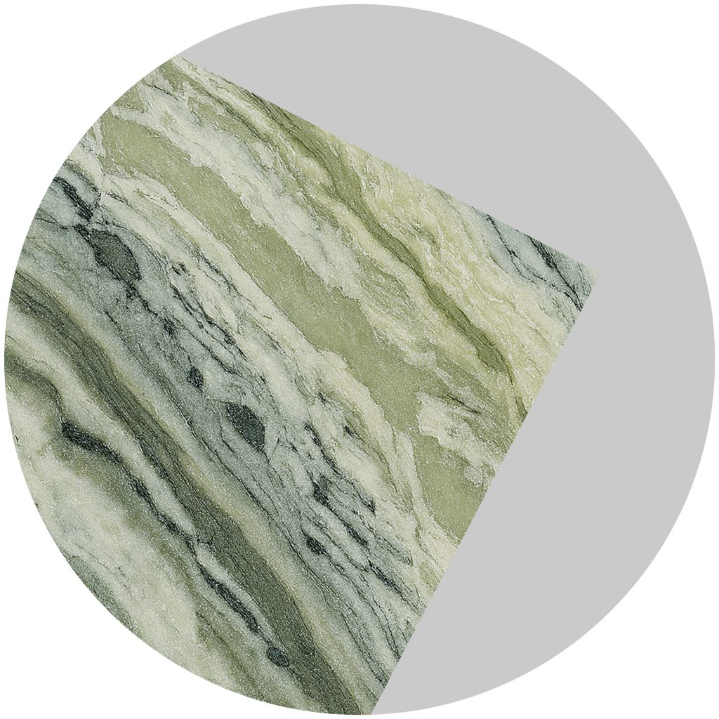 A circular gray background with a pie-shaped section filled with textured, green and white marbled stone pattern, contrasting against the plain gray area.