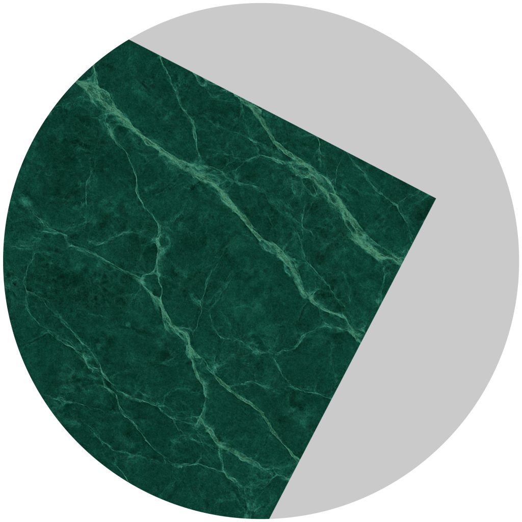 A large gray circle with a green marble-textured sector covering most of it, leaving a wedge-shaped gray area visible. The green sector features white vein-like patterns.