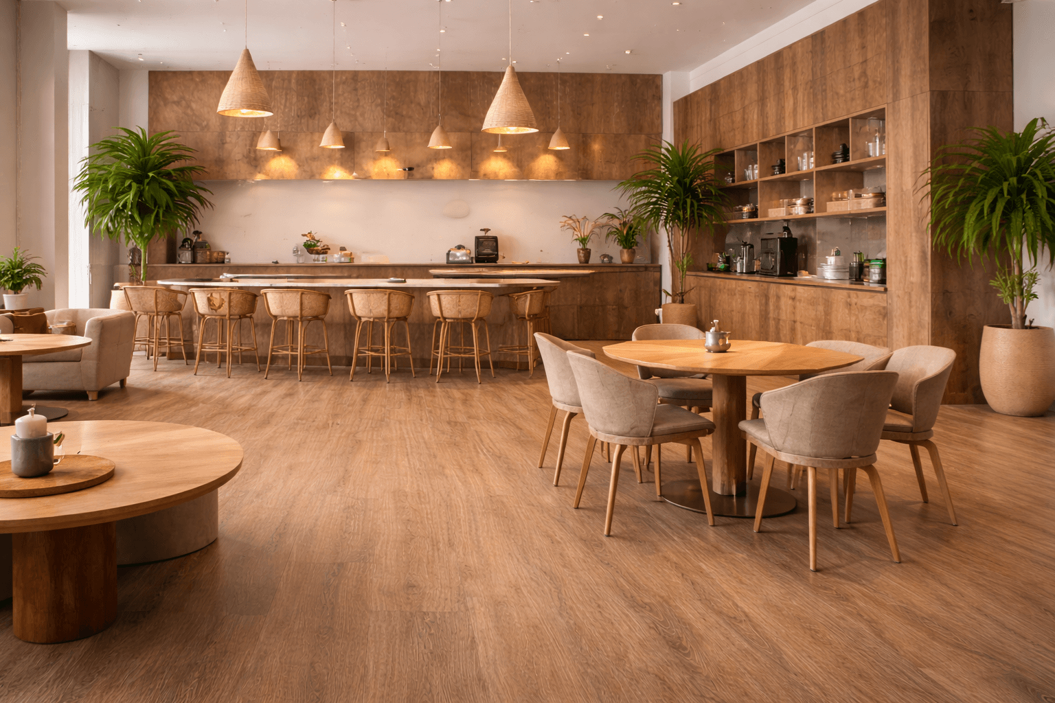 A modern, cozy cafe with wooden floors and furniture, beige chairs, round tables, a long bar with stools, pendant lights, and large potted plants creating a warm, inviting atmosphere.