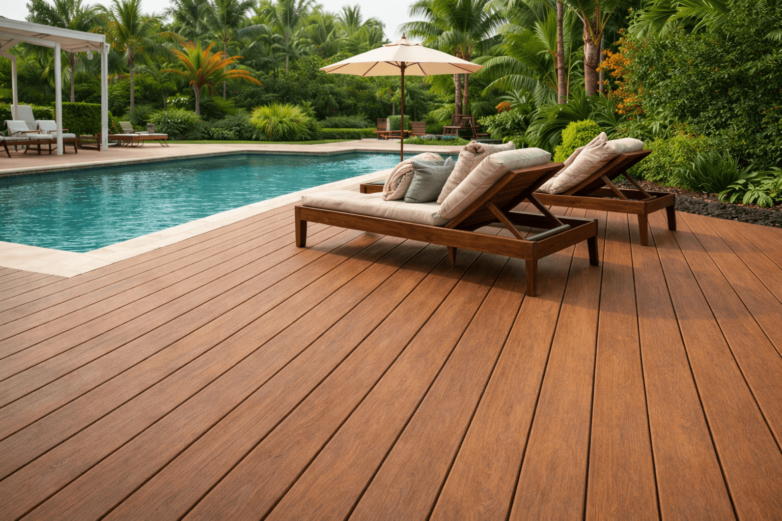 Two cushioned wooden lounge chairs sit on a spacious wooden deck beside a swimming pool, surrounded by lush tropical plants and palm trees. An umbrella provides shade in the background.
