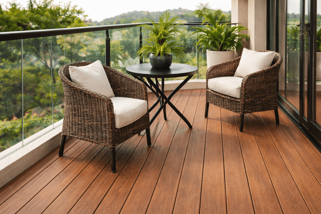 A cozy balcony with two wicker chairs with white cushions, a small round black table holding a potted fern, and green plants in the corner. The balcony has glass railings and overlooks trees.