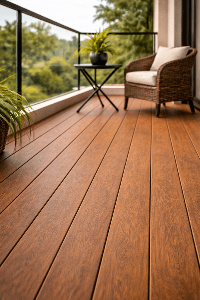 A cozy balcony with wooden flooring, a wicker chair with a cushion, a round black table holding a potted plant, and greenery visible in the background.