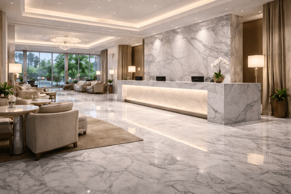 A luxurious hotel lobby with marble floors and walls, a large marble reception desk, elegant seating areas, potted plants, and large windows letting in natural light.