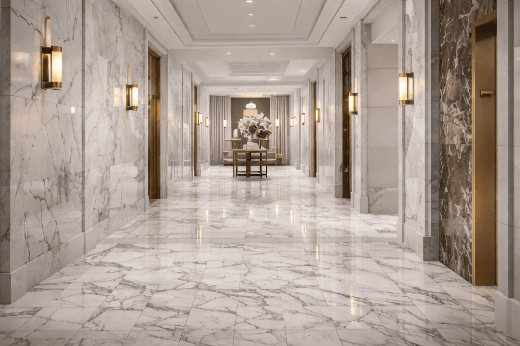 A luxurious hallway with polished white marble floors and walls, gold elevator doors, wall sconces, and a table with a large bouquet of white flowers at the far end.