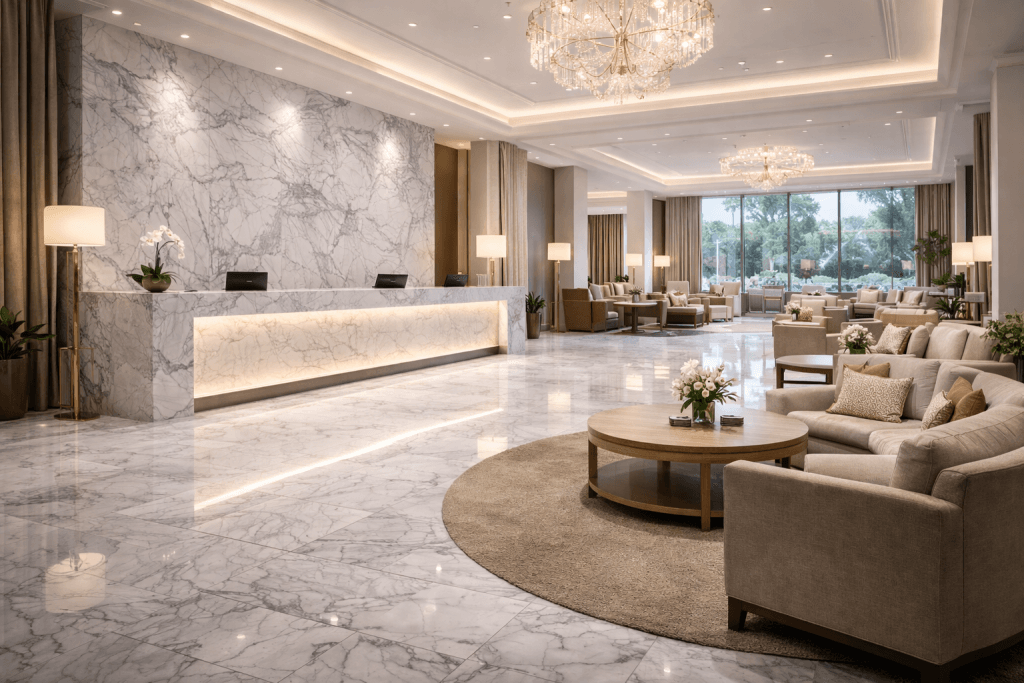 A luxurious hotel lobby with marble floors and walls, a long reception desk, elegant chandeliers, beige sofas, round tables with flower arrangements, large windows, and soft ambient lighting.