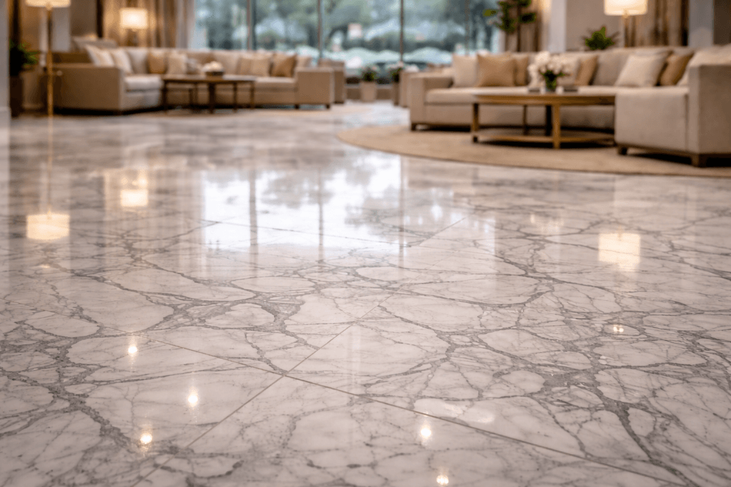 A spacious, elegant lobby with polished marble flooring, modern beige sofas, round coffee tables, floral arrangements, and large windows letting in natural light.