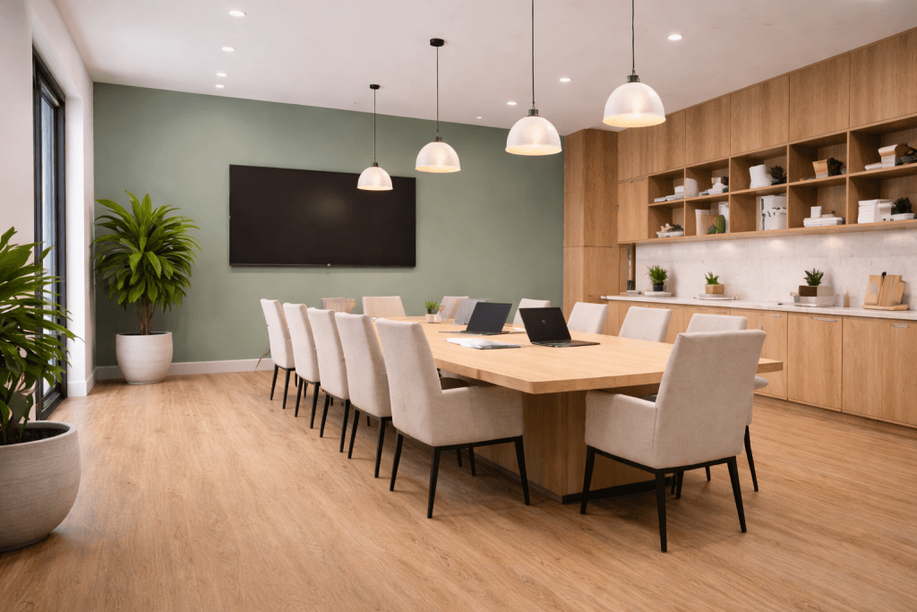 Modern conference room with a long wooden table, beige chairs, two laptops, large wall-mounted TV, light wood cabinets, open shelves, potted plants, and pendant lights. The space has a clean, minimalist design.