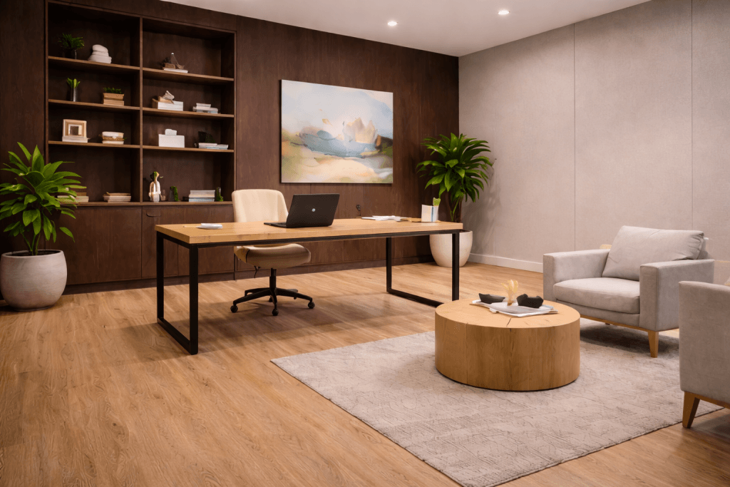 Modern office with a wooden desk, beige chair, and open laptop. A round coffee table, armchair, large plants, wall art, and built-in shelves with decor complete the stylish, well-lit space.