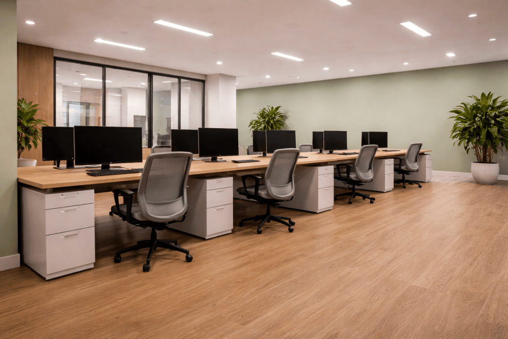 Modern open office space with long wooden desks, gray office chairs, several computer monitors, and potted plants against light green walls and large windows. The room has wood flooring and a tidy, minimalist appearance.