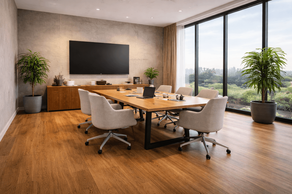 Modern conference room with a large wooden table, six beige chairs, a flat-screen TV on the wall, potted plants, large windows with a view of greenery, and natural light filling the space.