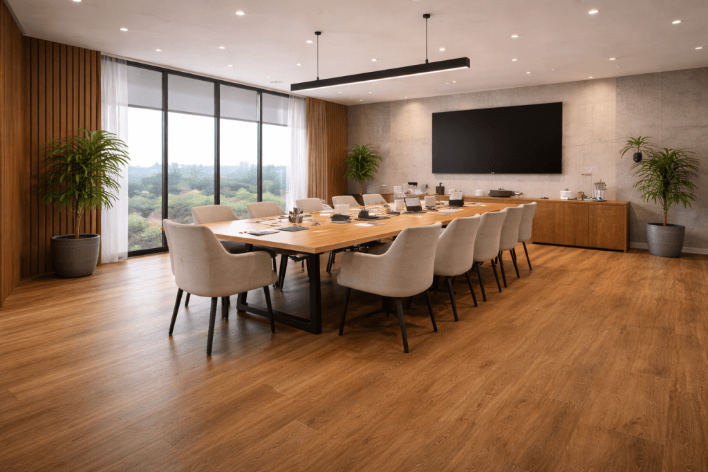 A modern conference room with a long wooden table surrounded by beige chairs, a large wall-mounted screen, potted plants, wood flooring, and floor-to-ceiling windows overlooking greenery.