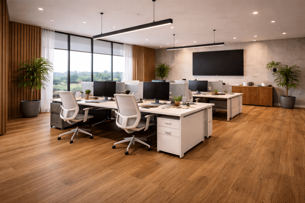 Modern open-plan office with several white desks and ergonomic chairs, computer monitors, potted plants, wood flooring, large windows with sheer curtains, and a big screen on the wall at the back of the room.