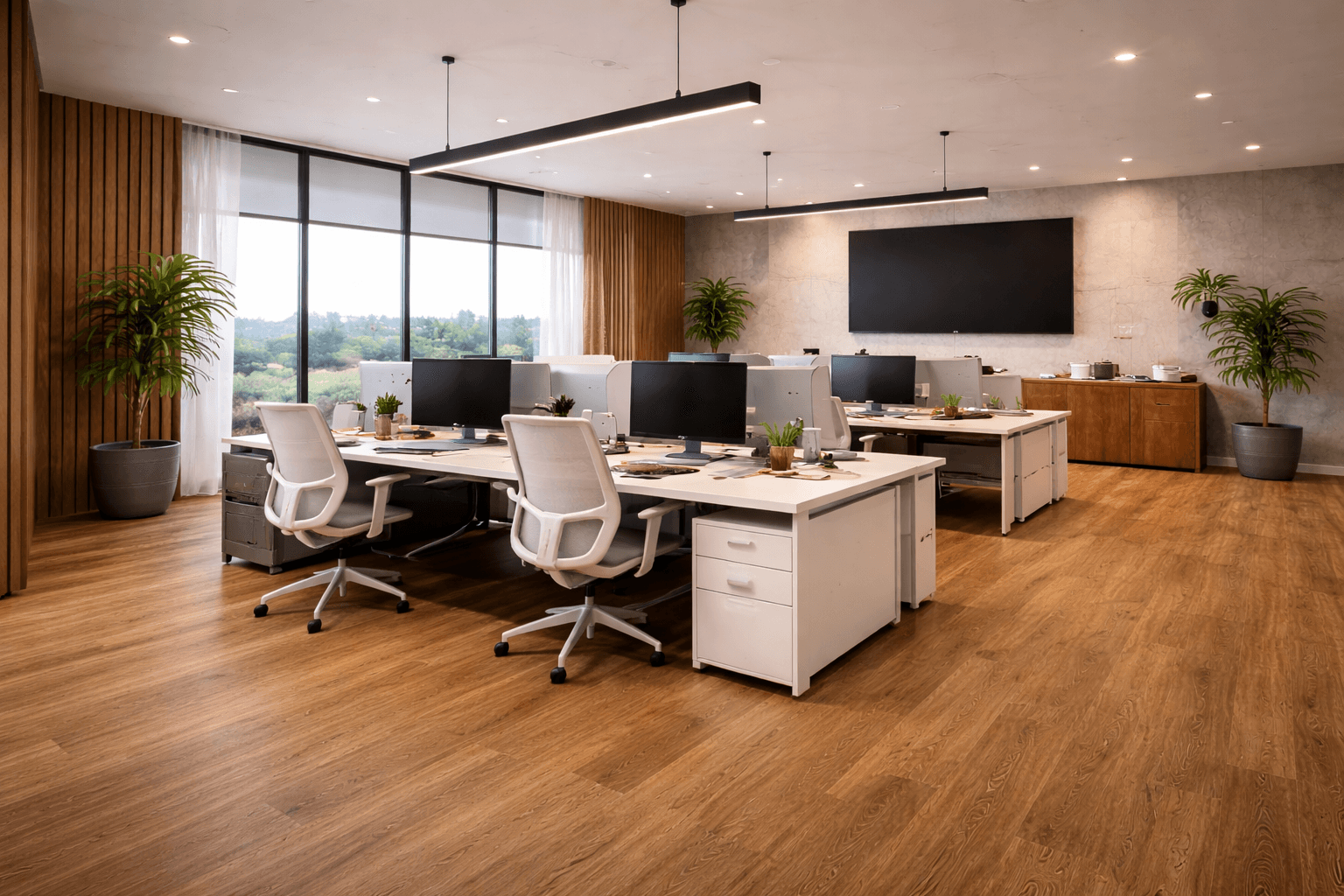 Modern open-plan office with several white desks and ergonomic chairs, computer monitors, potted plants, wood flooring, large windows with sheer curtains, and a big screen on the wall at the back of the room.