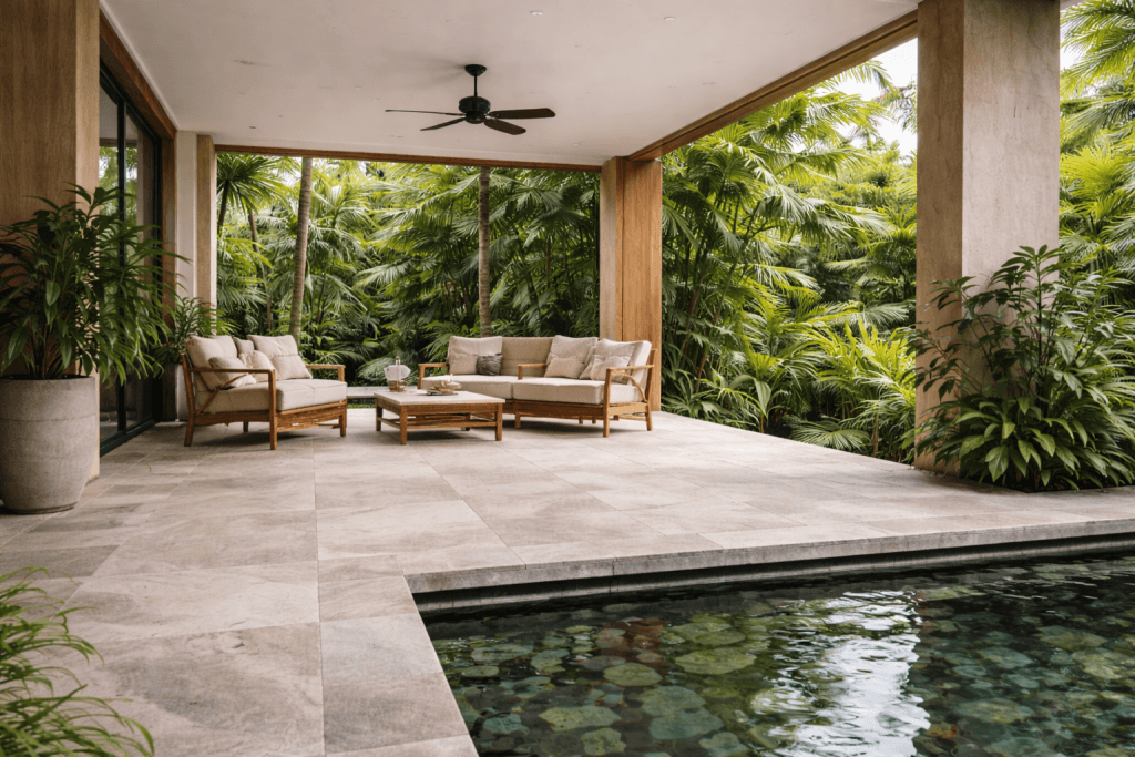A covered patio with beige tile flooring, outdoor sofas, and a coffee table overlooks a small pool. Lush green tropical plants surround the space, creating a tranquil and inviting atmosphere.