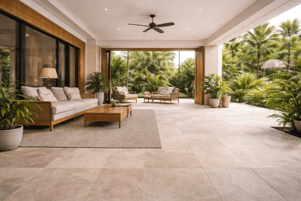 A spacious, modern covered patio with tile flooring, wooden furniture, neutral cushions, a coffee table, and potted plants. Large glass doors open to lush greenery and tall palm trees outside.