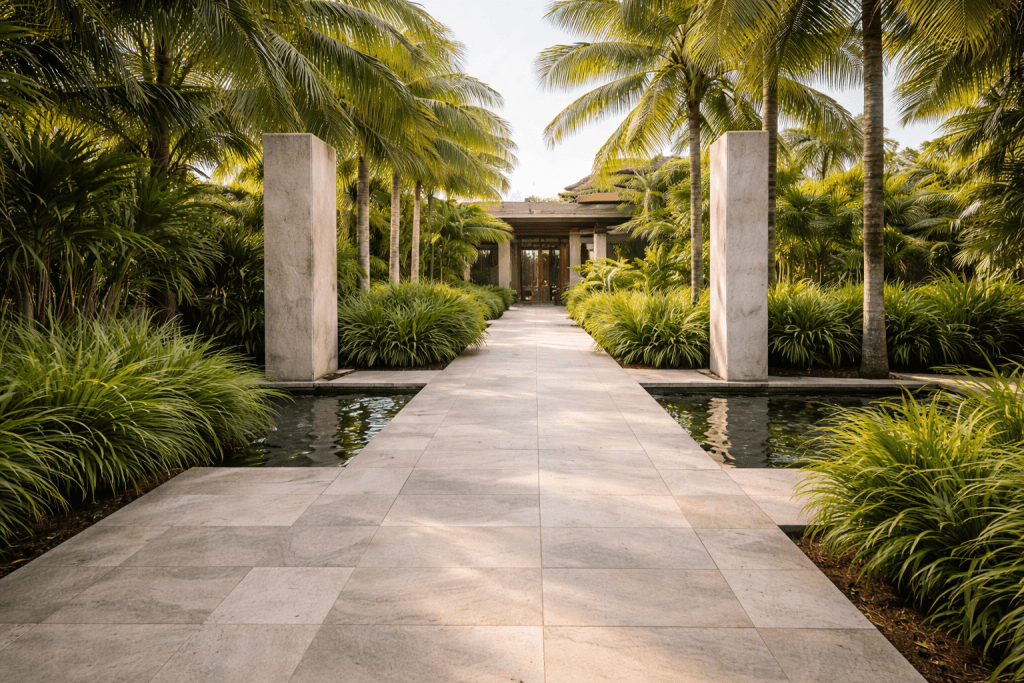 A stone pathway lined with lush green plants and palm trees leads to a modern building entrance, flanked by two rectangular pillars and bordered by narrow reflective pools on each side.
