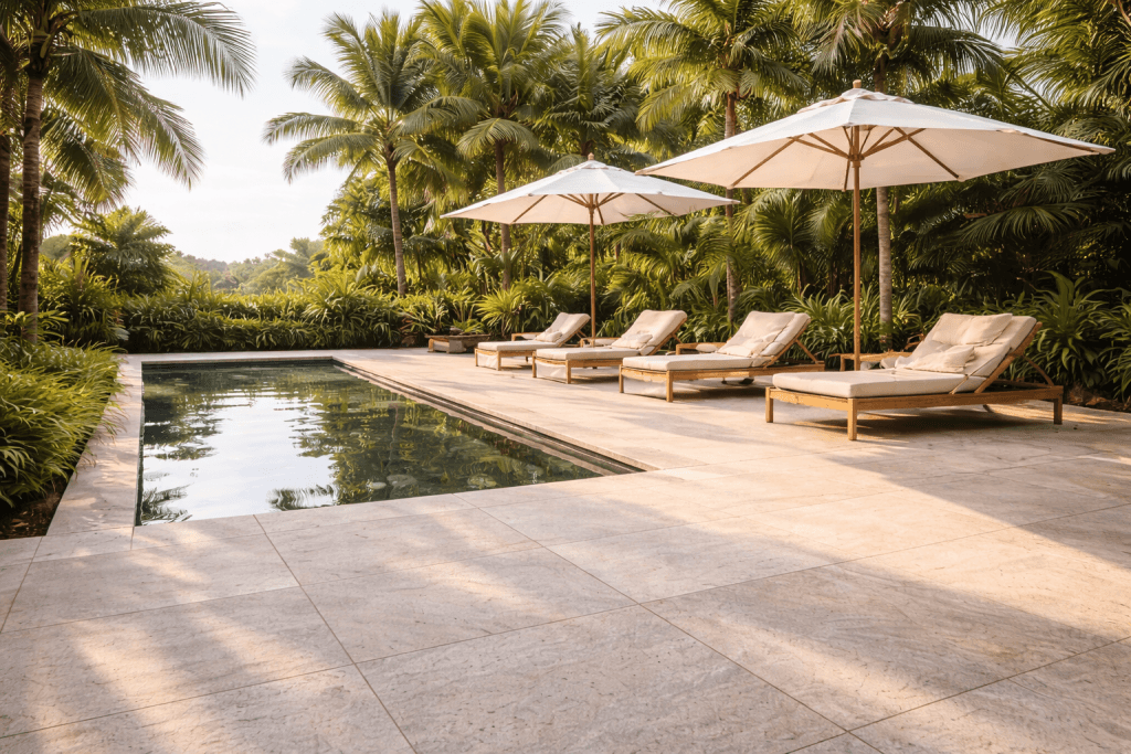 A serene outdoor pool area with four cushioned lounge chairs under large white umbrellas, surrounded by lush tropical plants and palm trees on a sunny day.