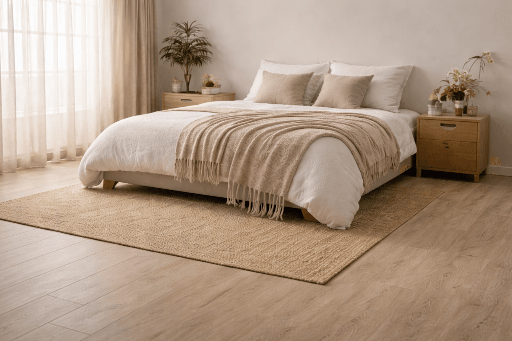 A cozy, minimalist bedroom featuring a neatly made bed with beige and white bedding, two wooden nightstands with plants, a large window with sheer curtains, and a woven rug on light wood flooring.