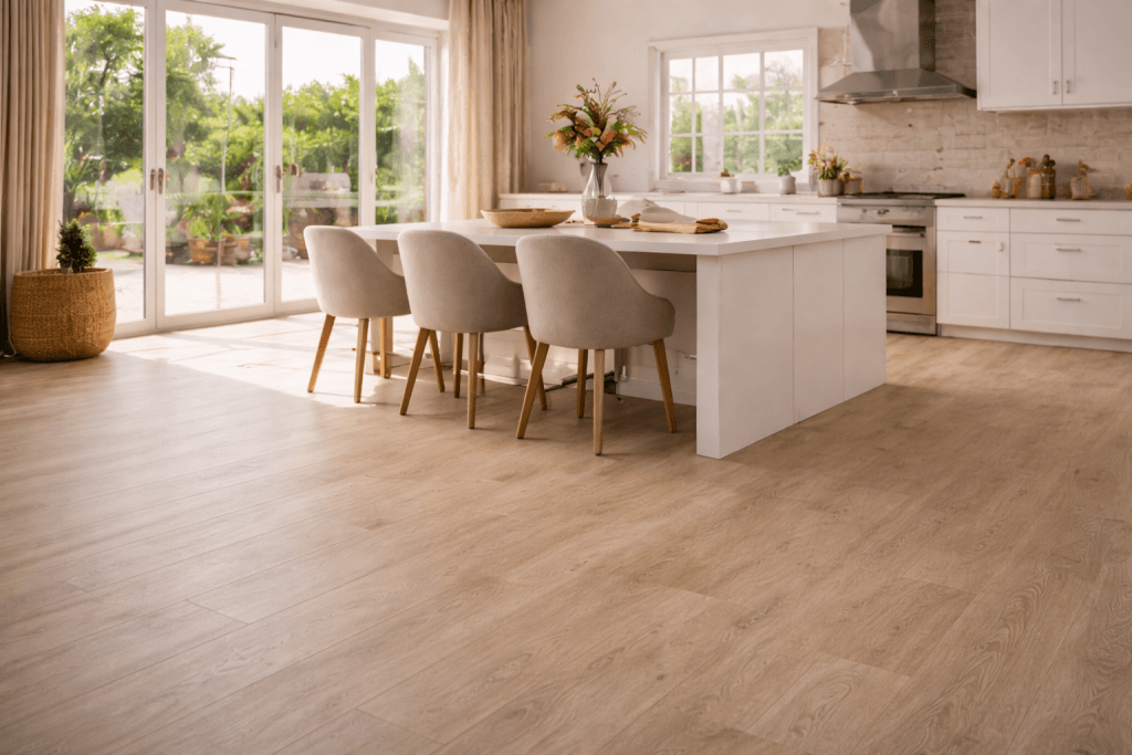 Bright, modern kitchen with light wood flooring, white cabinets, a large island with four beige chairs, a vase of flowers on the countertop, and large windows letting in natural light.