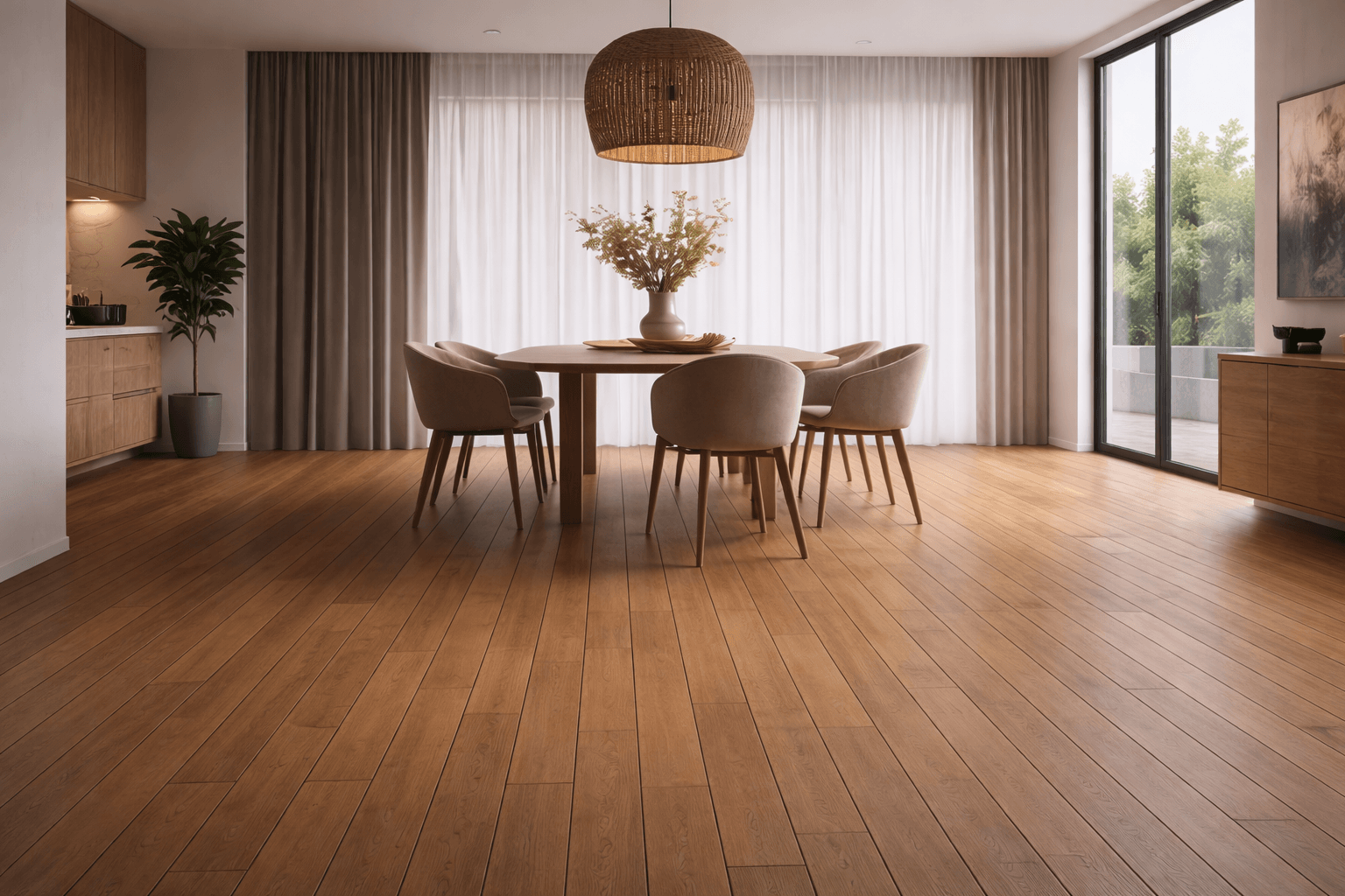 A modern dining room with wooden floors, a round table surrounded by beige chairs, a large vase with flowers, floor-to-ceiling curtains, and large windows letting in natural light.