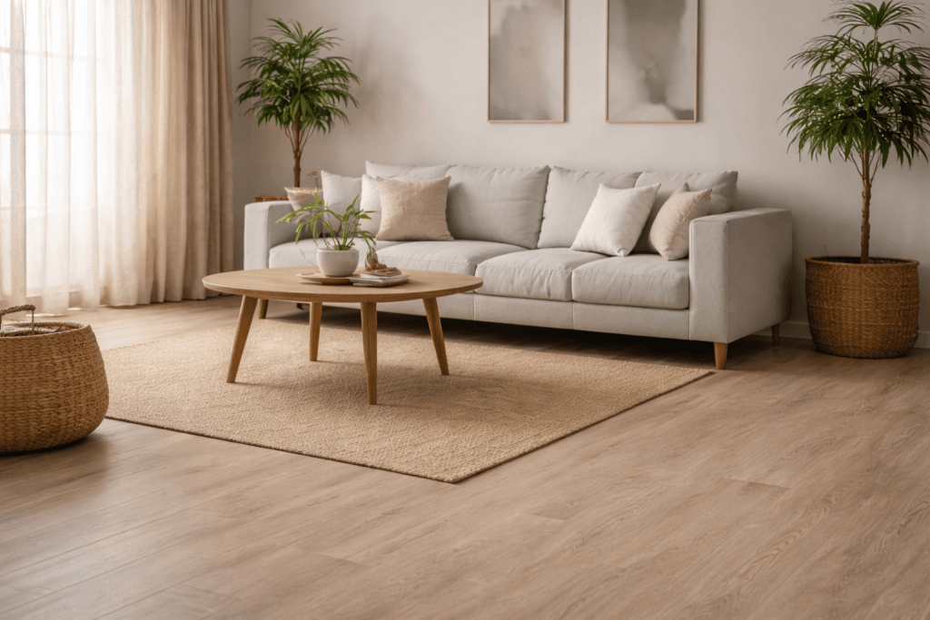A modern living room with a light gray sofa, beige cushions, a wooden coffee table with a plant, two large potted plants, a woven basket, and neutral artwork on the wall, all on a light wood floor and beige rug.