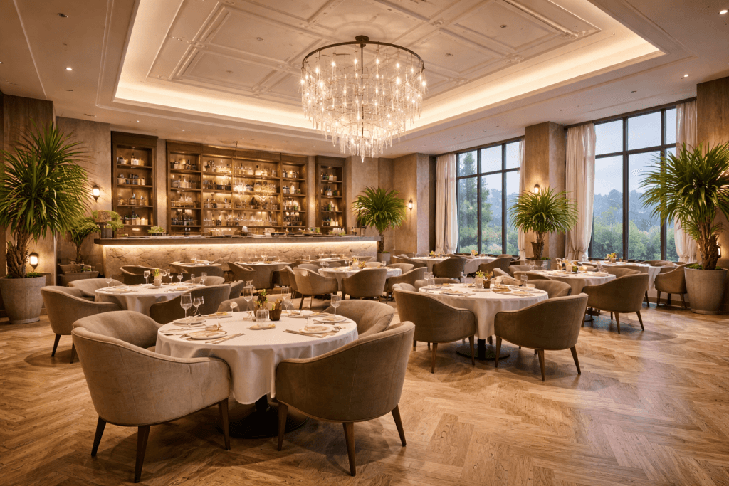 Elegant restaurant interior with round tables covered in white cloths, plush green chairs, a large chandelier, tall windows, potted plants, and a well-lit bar with shelves of bottles in the background.