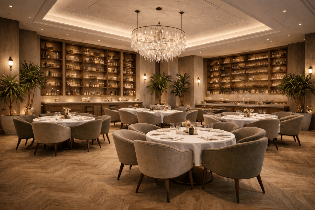 A luxurious restaurant interior with round tables, plush chairs, elegant place settings, and a large crystal chandelier. Shelves lined with glassware and bottles cover the walls, and tall green plants add a touch of greenery.