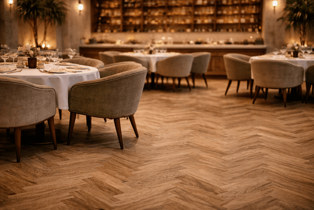 Elegant restaurant interior with round tables covered in white cloths, green upholstered chairs, decorative plants, and a well-lit bar in the background. The wooden floor features a herringbone pattern.