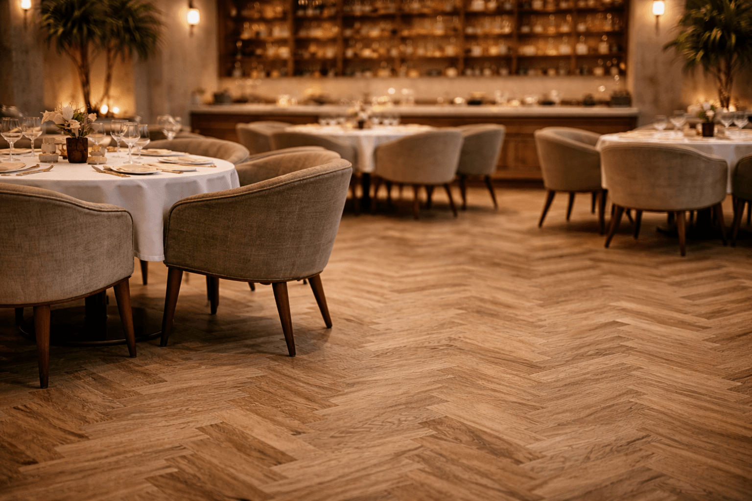 Elegant restaurant interior with round tables covered in white cloths, green upholstered chairs, decorative plants, and a well-lit bar in the background. The wooden floor features a herringbone pattern.