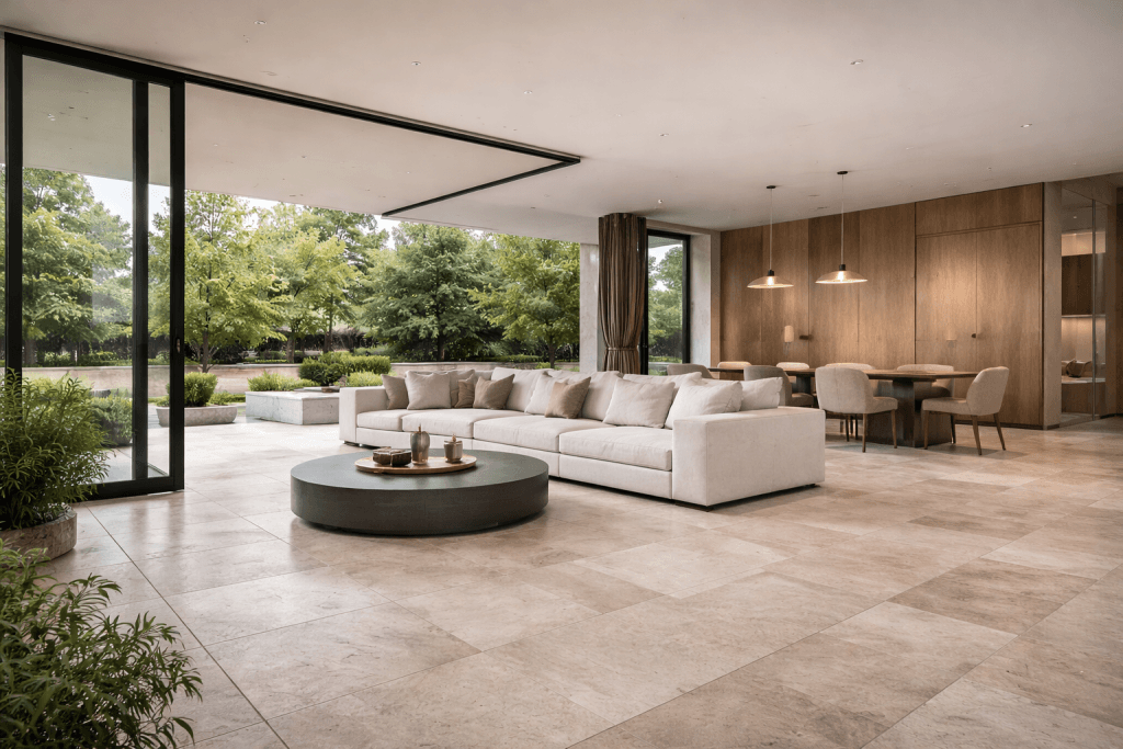 A spacious, modern living room with large beige tiles, a white sectional sofa, a round coffee table, and floor-to-ceiling glass doors opening to a lush green garden. A dining area with wooden accents is visible in the background.