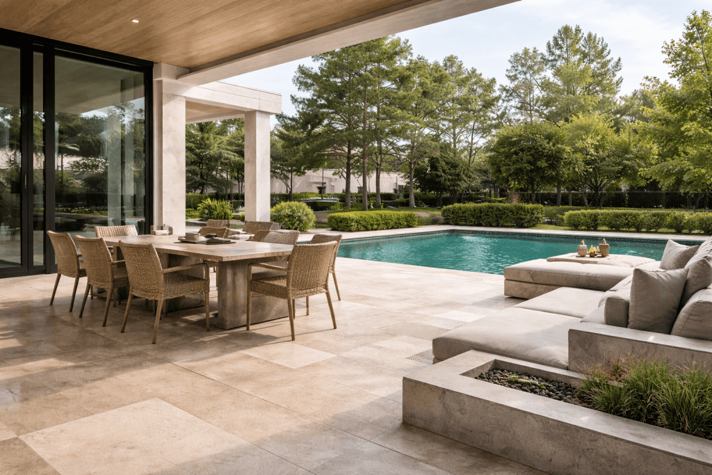 Modern patio with a large dining table, wicker chairs, cushioned lounge seating, and a pool. Surrounded by greenery and trees, the area features light stone tiles and an open, serene outdoor atmosphere.