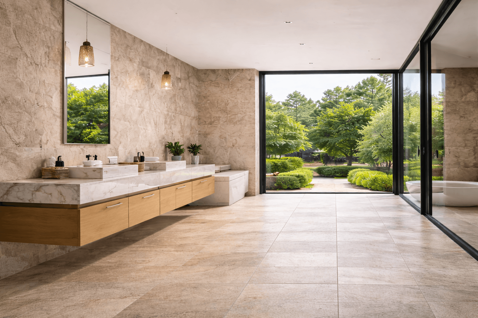 A modern bathroom with double sinks, marble countertops, large mirrors, and wooden cabinets. Floor-to-ceiling glass windows reveal a lush green garden outside. The space is bright and spacious with elegant beige tiles.