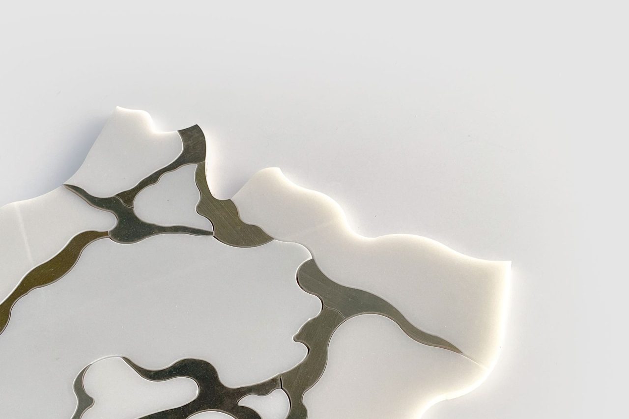A translucent, irregularly shaped sheet with metallic, organic patterns lies on a white surface, with gentle light creating a soft glow at the edges.